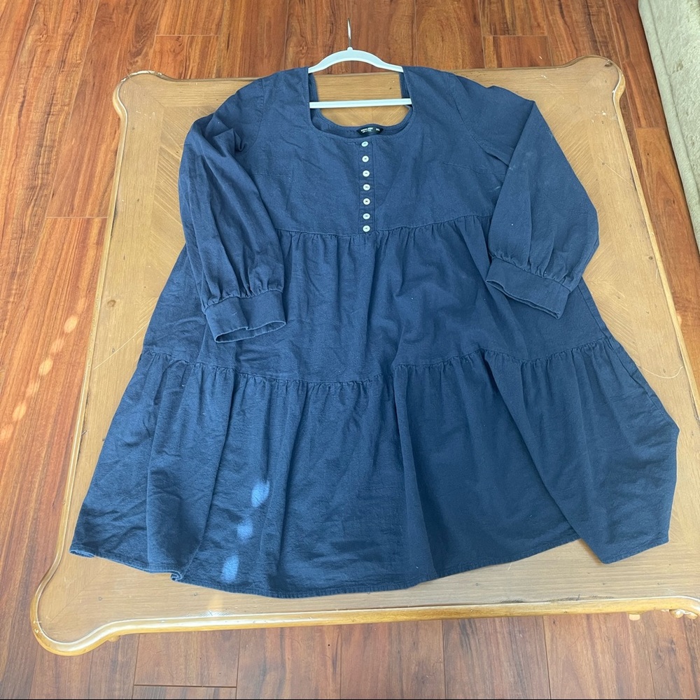 Navy plus square neck button front tiered hem dress